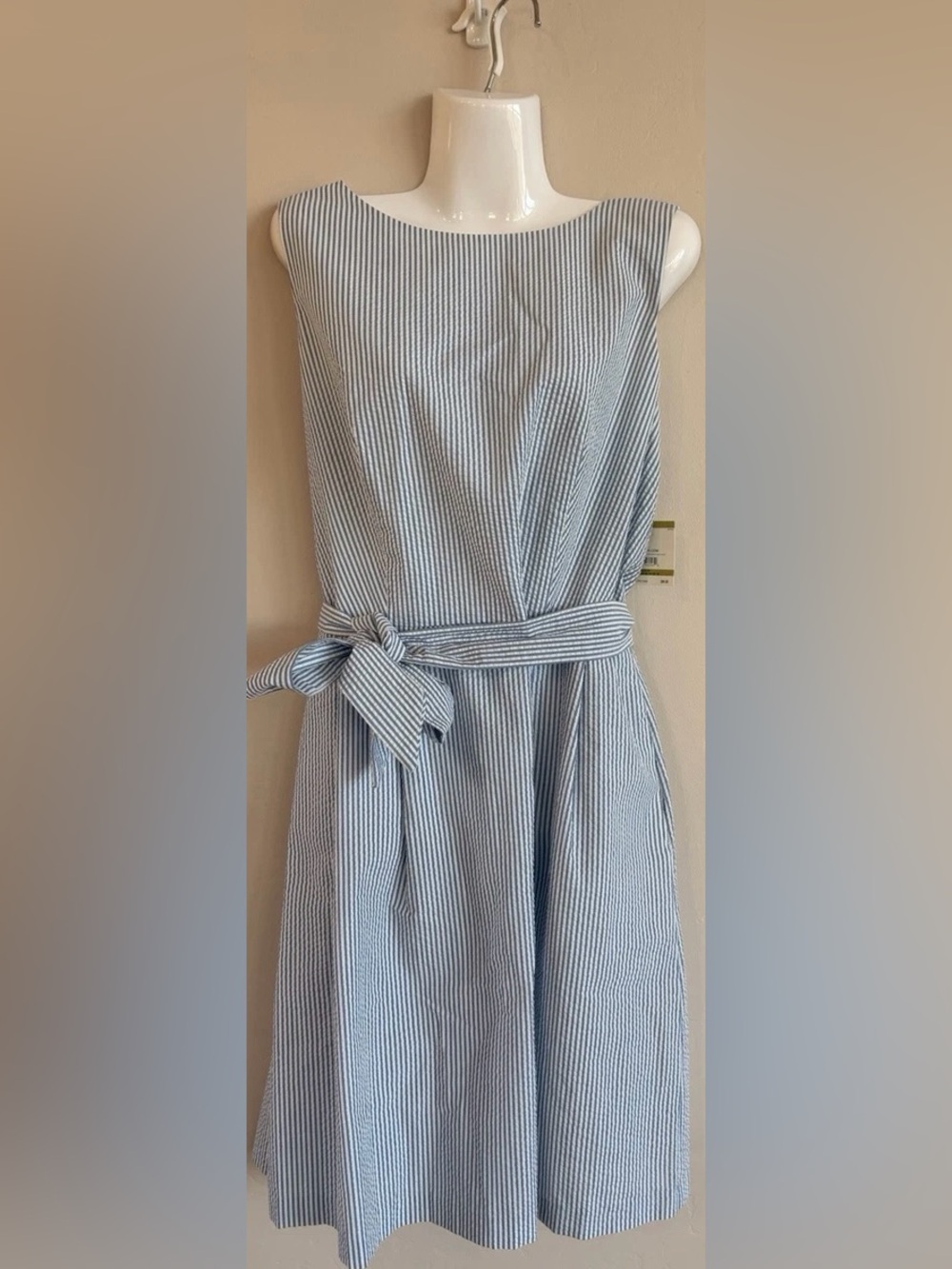 Anne Klein Light Blue & White Striped Midi Dress with Tie Waist